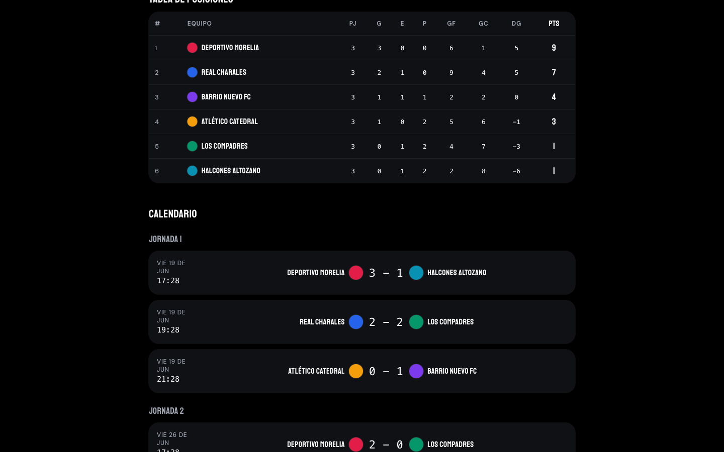 Panel de un torneo en Dribolt en una laptop: tabla de posiciones y calendario
