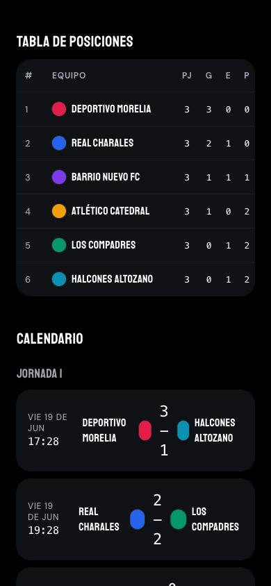El torneo en el teléfono de un jugador: tabla y calendario en vivo